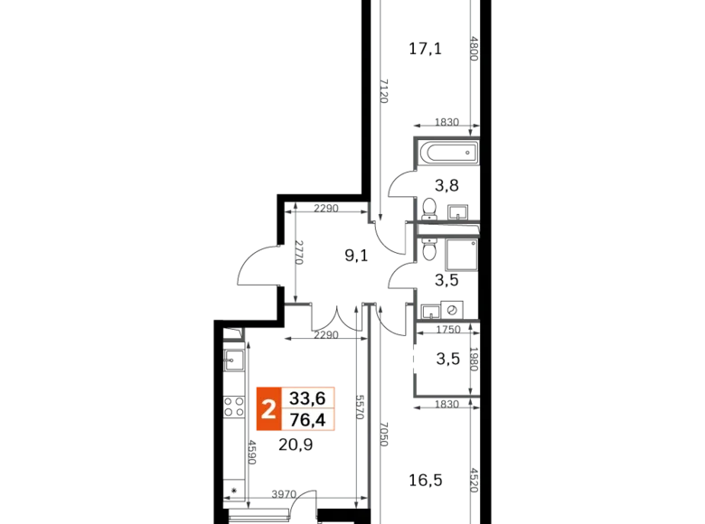 Mieszkanie 2 pokoi 77 m² Moskwa, Rosja