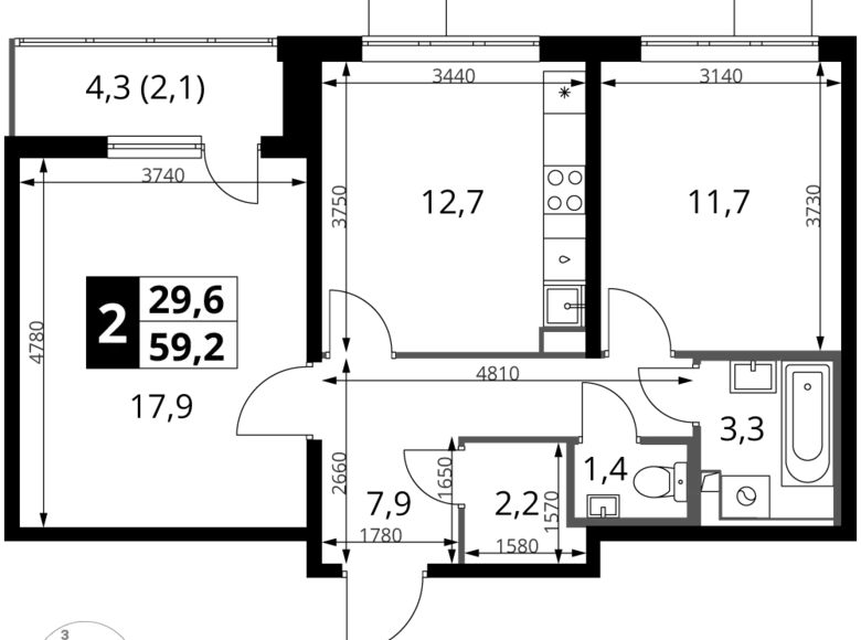 Квартира 2 комнаты 59 м² Ленинский район, Россия