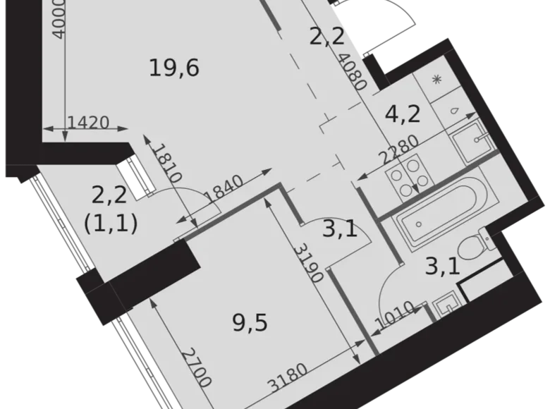 2 room apartment 43 m² Moscow, Russia