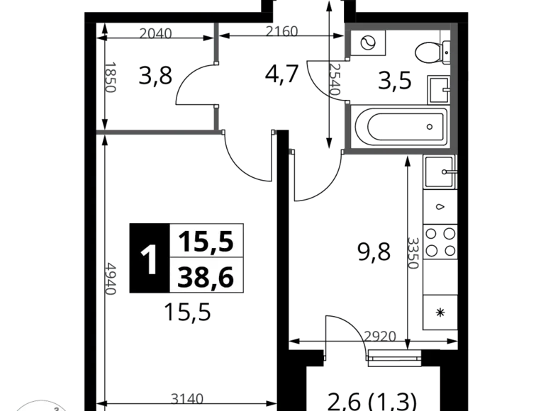 Wohnung 1 Zimmer 39 m² Potapovo, Russland