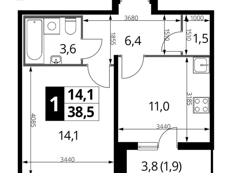 Mieszkanie 1 pokój 38 m² Nekrasovka District, Rosja