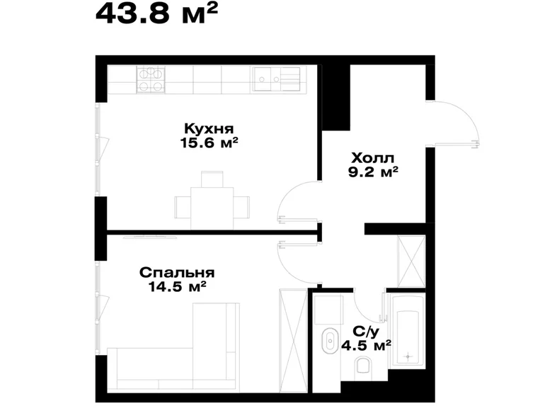 Kvartira 1 xona 44 m² Toshkentda
