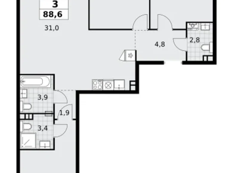 Apartamento 3 habitaciones 89 m² poselenie Sosenskoe, Rusia