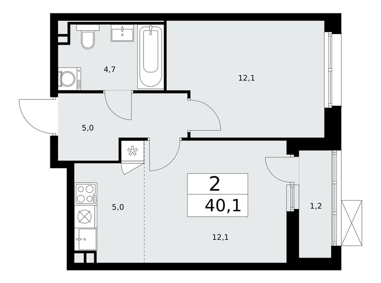 2 room apartment 40 m² Moscow, Russia