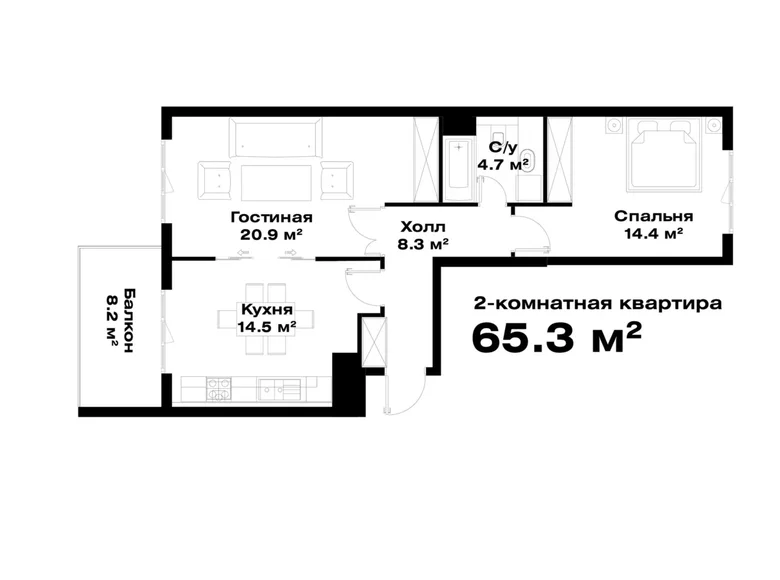 Kvartira 2 xonalar 65 m² Toshkentda