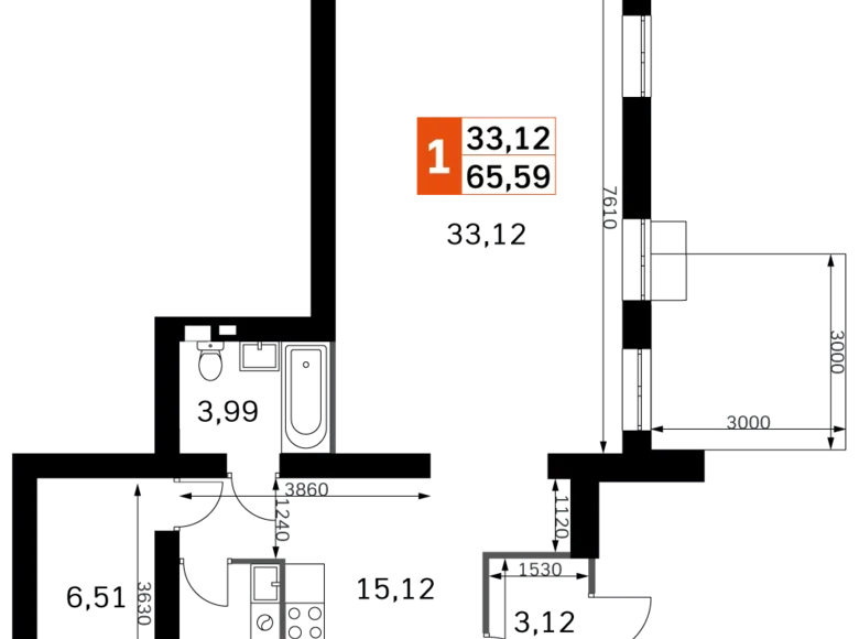 Квартира 1 комната 66 м² Одинцовский городской округ, Россия