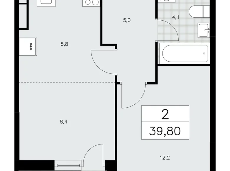 2 room apartment 40 m² Moscow, Russia