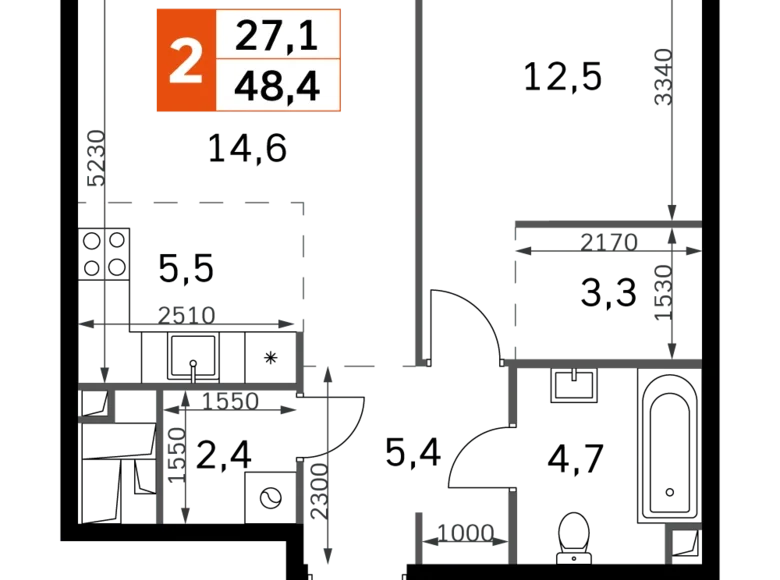 2 room apartment 48 m² North-Western Administrative Okrug, Russia