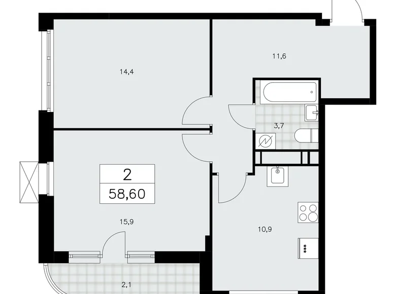 2 room apartment 59 m² Moscow, Russia