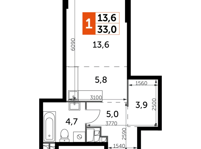 Студия 1 комната 33 м² Москва, Россия