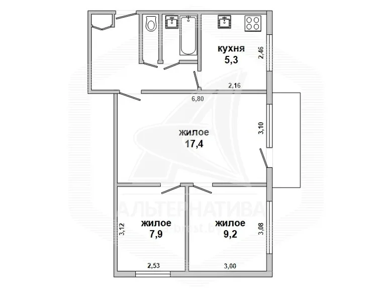 3 room apartment 50 m² Muchaviecki sielski Saviet, Belarus
