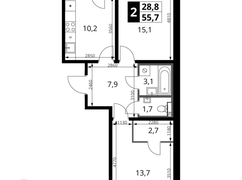 Mieszkanie 2 pokoi 56 m² rejon leniński, Rosja