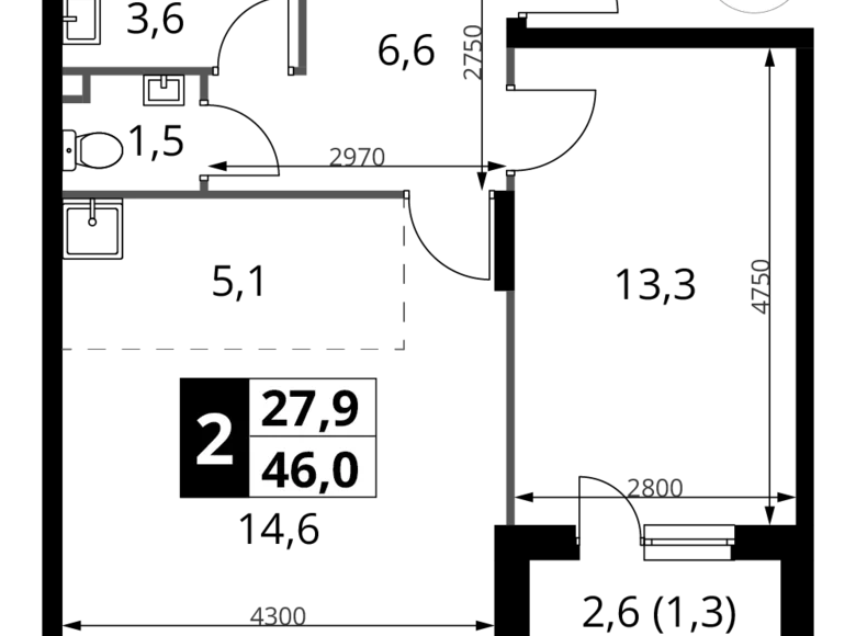 2 room apartment 46 m² Potapovo, Russia