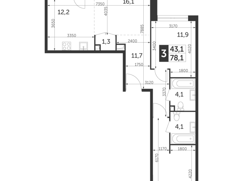 3 room apartment 78 m² North-Eastern Administrative Okrug, Russia