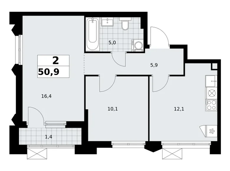 2 room apartment 51 m² Troitsk, Russia