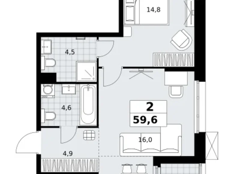 2 room apartment 60 m² Kommunarka, Russia