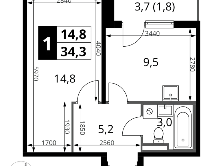 Apartamento 1 habitación 34 m² Potapovo, Rusia