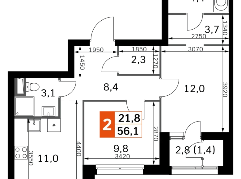 2 room apartment 56 m² Moscow, Russia