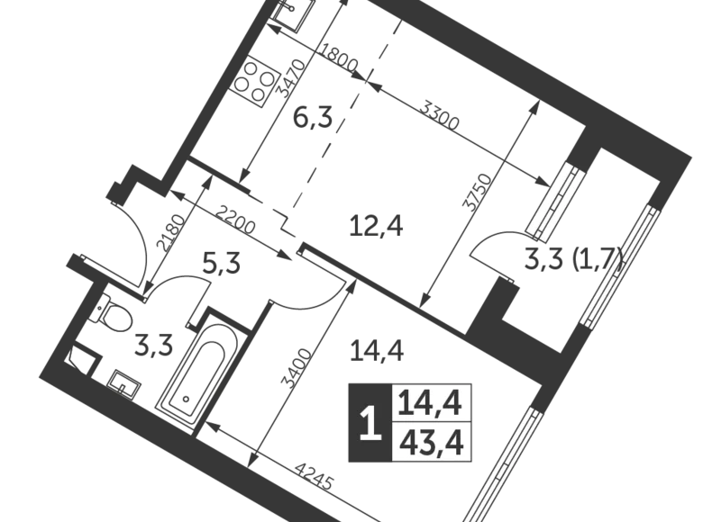 Квартира 1 комната 43 м² район Коньково, Россия