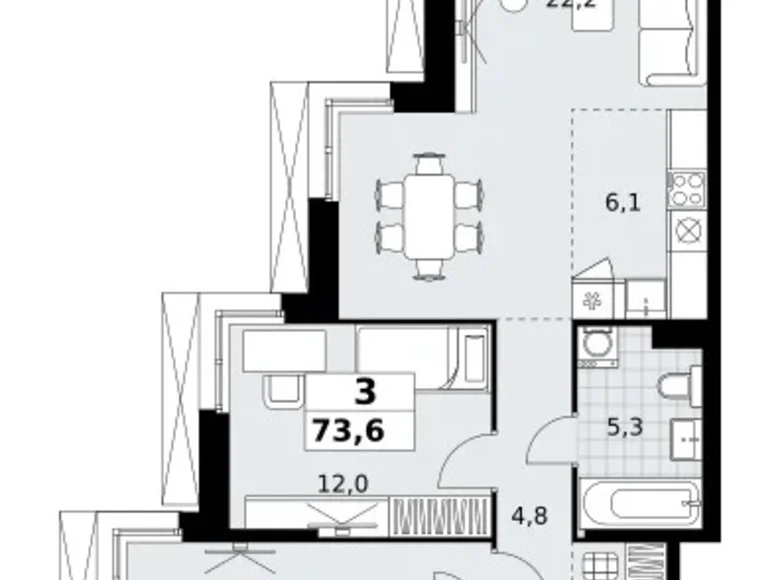 3 room apartment 74 m² Kommunarka, Russia