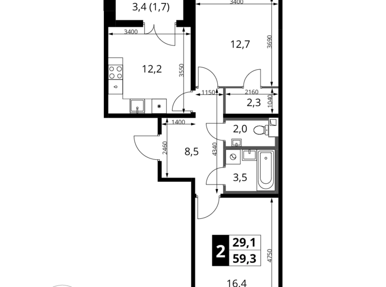 2 room apartment 59 m² Khimki, Russia