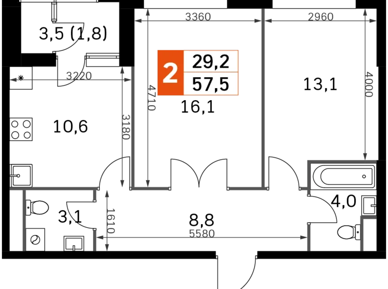 2 room apartment 58 m² Moscow, Russia