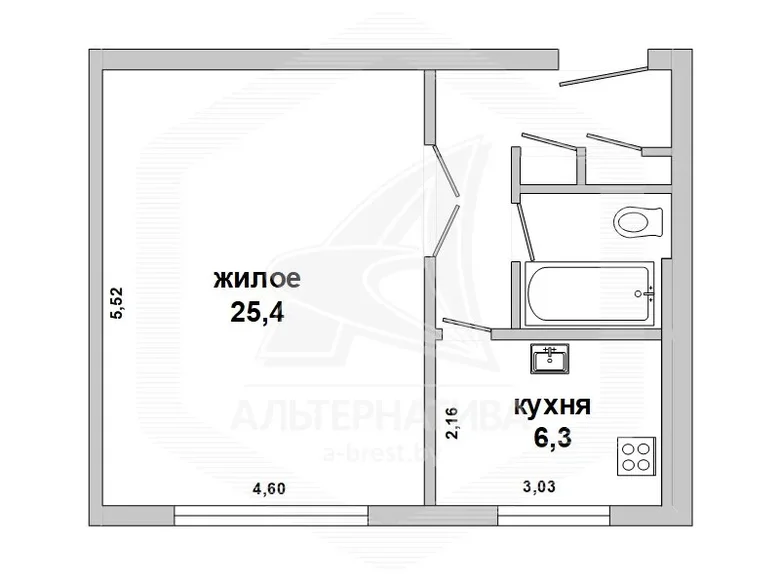 Квартира 1 комната 42 м² Брест, Беларусь