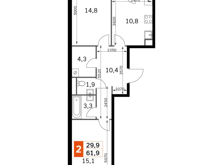 Квартира 2 комнаты 62 м² Москва, Россия