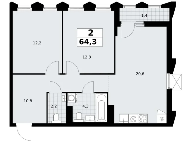 Appartement 2 chambres 64 m² Troïtsk, Russie