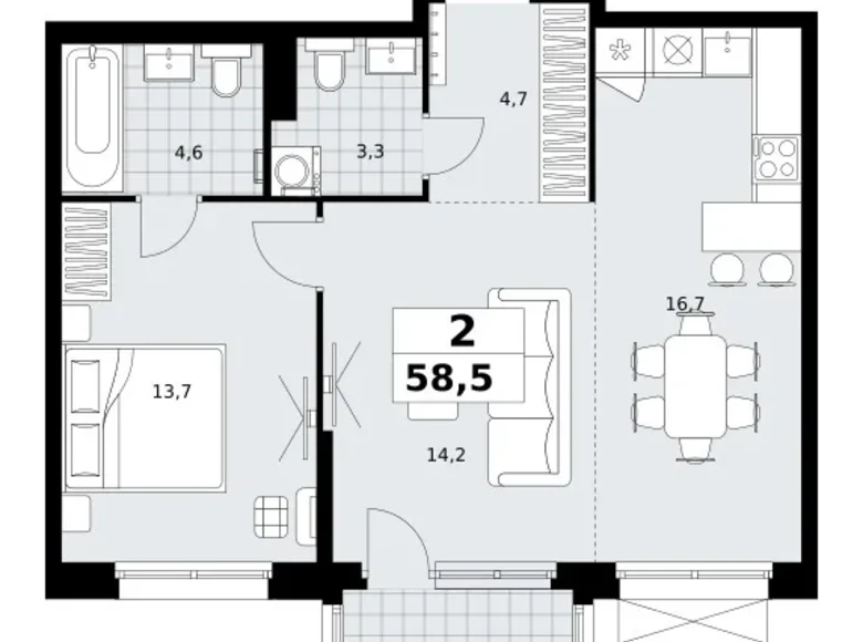 2 room apartment 59 m² Kommunarka, Russia