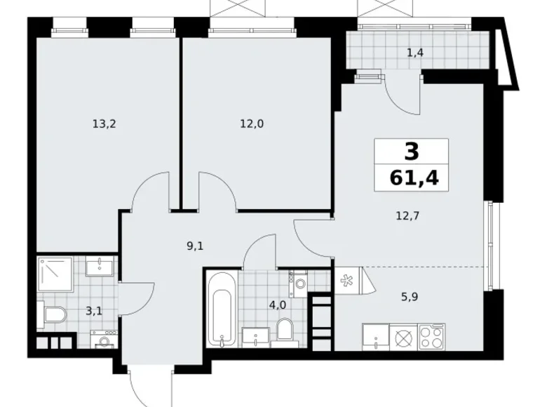 Appartement 3 chambres 61 m² poselenie Sosenskoe, Fédération de Russie