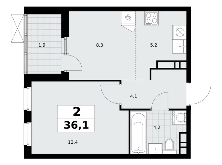 2 room apartment 36 m² Moscow, Russia