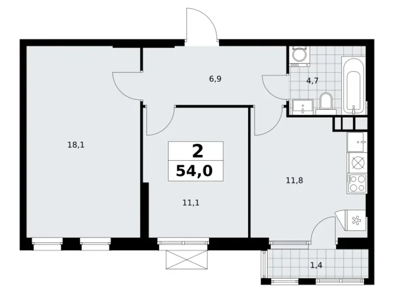 2 room apartment 54 m² South-Western Administrative Okrug, Russia