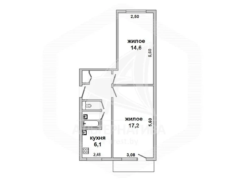 Mieszkanie 2 pokoi 47 m² Brześć, Białoruś