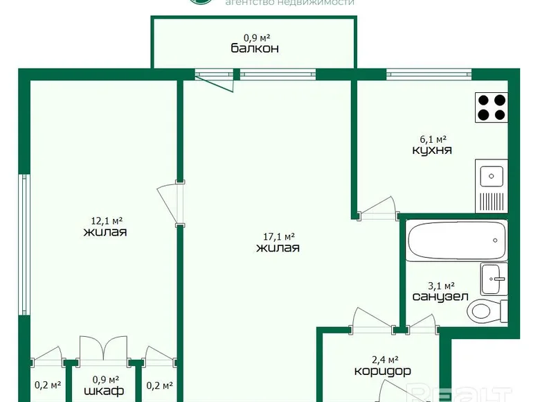 2 room apartment 42 m² Baranavichy, Belarus