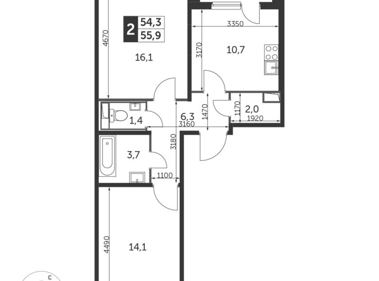 Appartement 2 chambres 56 m² Lioubertsy, Fédération de Russie
