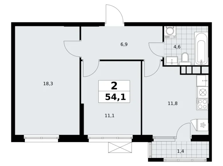 2 room apartment 54 m² South-Western Administrative Okrug, Russia