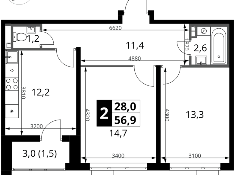 Wohnung 2 zimmer 57 m² Potapovo, Russland