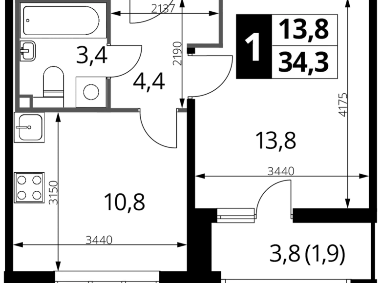 Квартира 1 комната 34 м² район Некрасовка, Россия