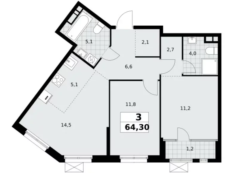3 room apartment 64 m² Northern Administrative Okrug, Russia