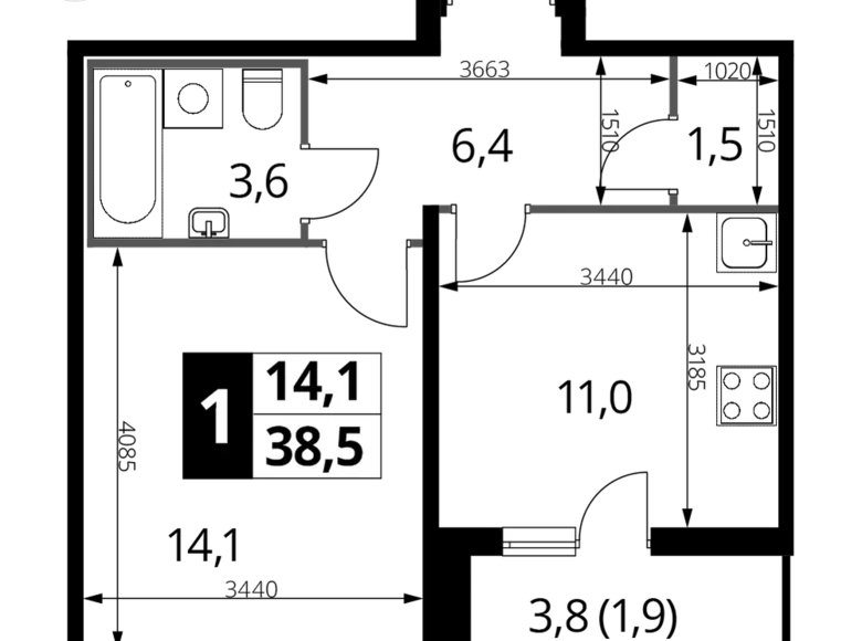 Квартира 1 комната 38 м² район Некрасовка, Россия