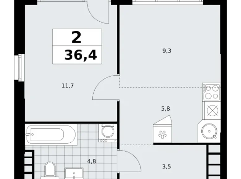 2 room apartment 36 m² South-Western Administrative Okrug, Russia