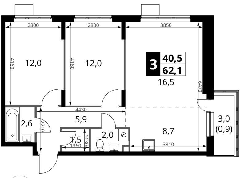 3 room apartment 62 m² Potapovo, Russia