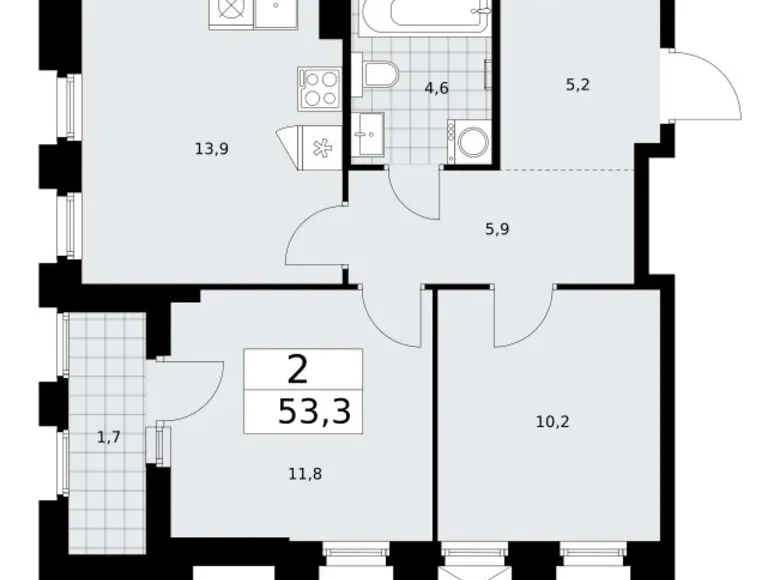 2 room apartment 53 m² Troitsk, Russia
