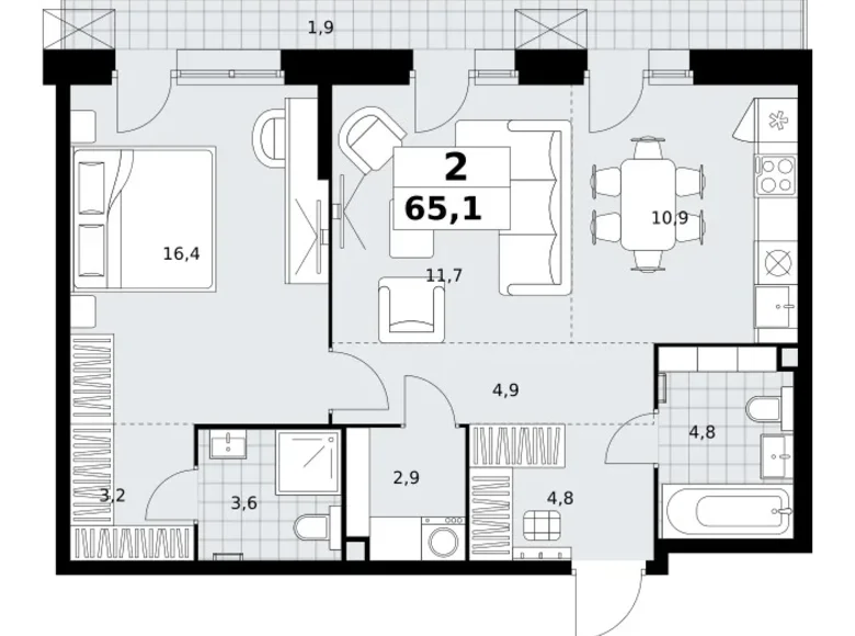 2 room apartment 65 m² Kommunarka, Russia