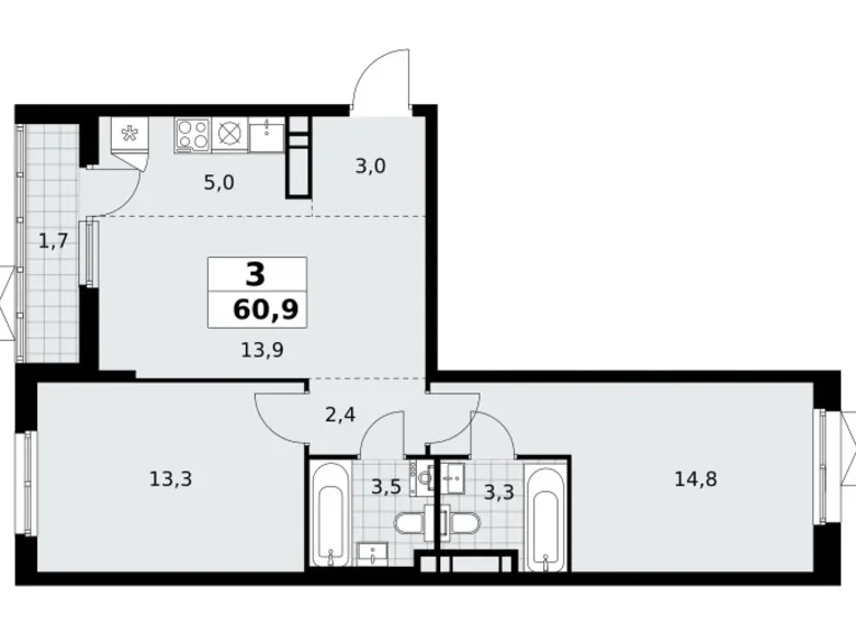 3 room apartment 61 m² poselenie Sosenskoe, Russia