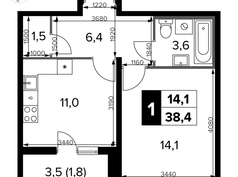 1 room apartment 38 m² South-Western Administrative Okrug, Russia