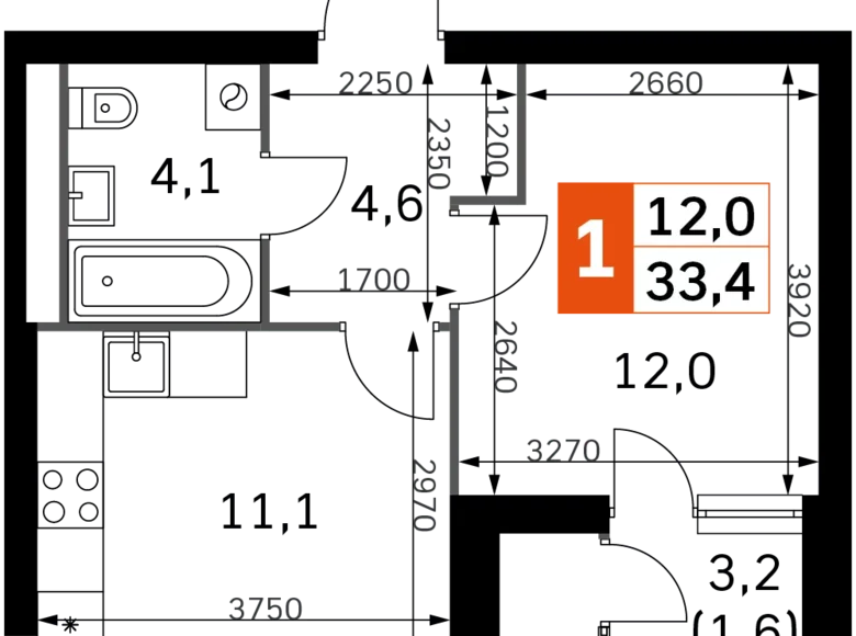 Квартира 1 комната 33 м² Москва, Россия