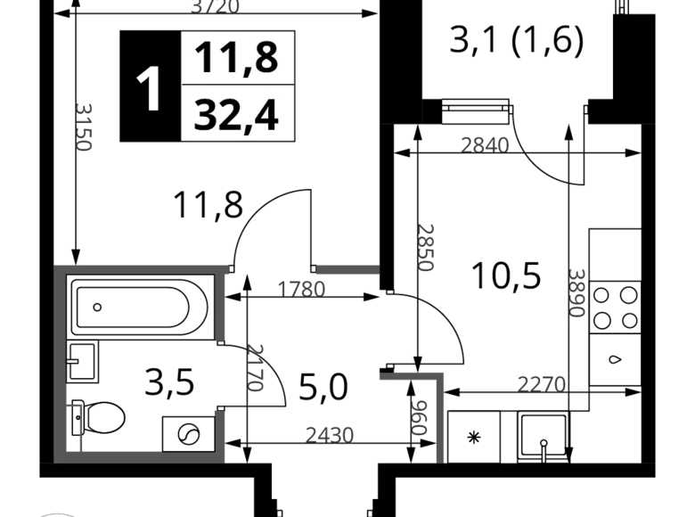 Квартира 1 комната 32 м² Химки, Россия