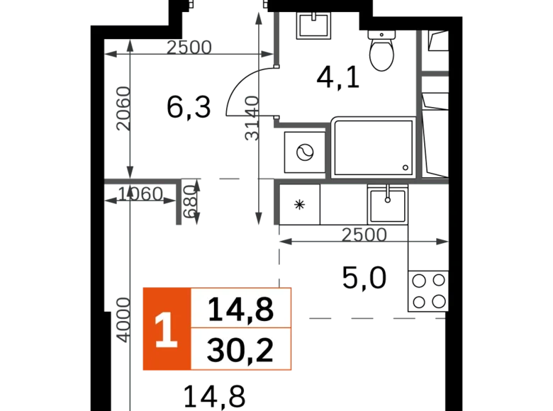 1 room studio apartment 30 m² North-Western Administrative Okrug, Russia